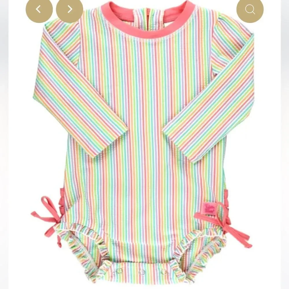 Ruffle Butts Rainbow Seersucker Long Sleeve One Piece‎ Rash Guard 6-12Months Nwt